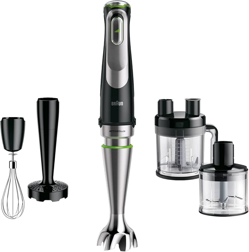 Blender ręczny Braun Multiquick 9 z widocznym ruchomym ostrzem i ergonomiczną rączką