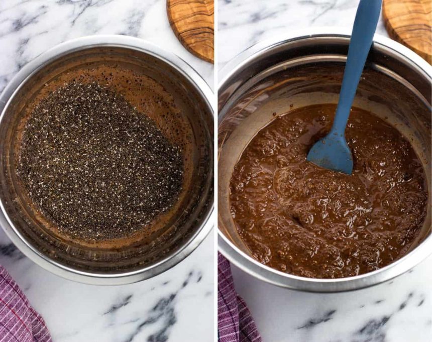 Blender napełniony nasionami chia mlekiem i owocami na kuchennym blacie