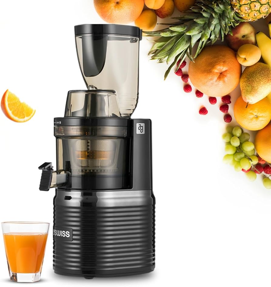 Zbiorniki na sok i odpady 4Swiss Zbiornik na sok i pulpę w wyciskarce 4Swiss obok świeżo wyciskanego napoju