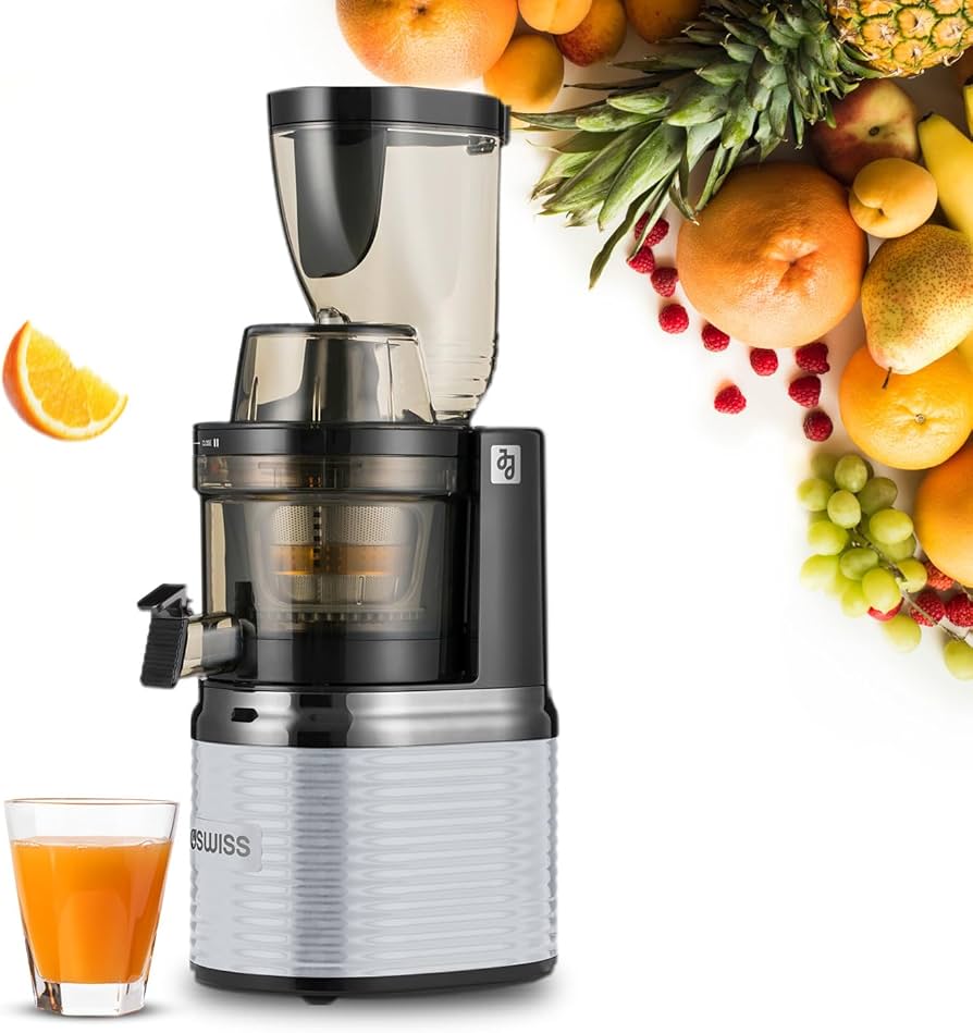 Szeroki wlot na całe owoce i warzywa Szeroki wlot wyciskarki 4Swiss pomieści całe jabłko i marchew bez krojenia