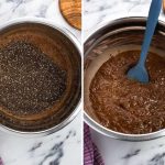 Blender napełniony nasionami chia mlekiem i owocami na kuchennym blacie