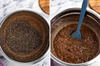 Blender napełniony nasionami chia mlekiem i owocami na kuchennym blacie