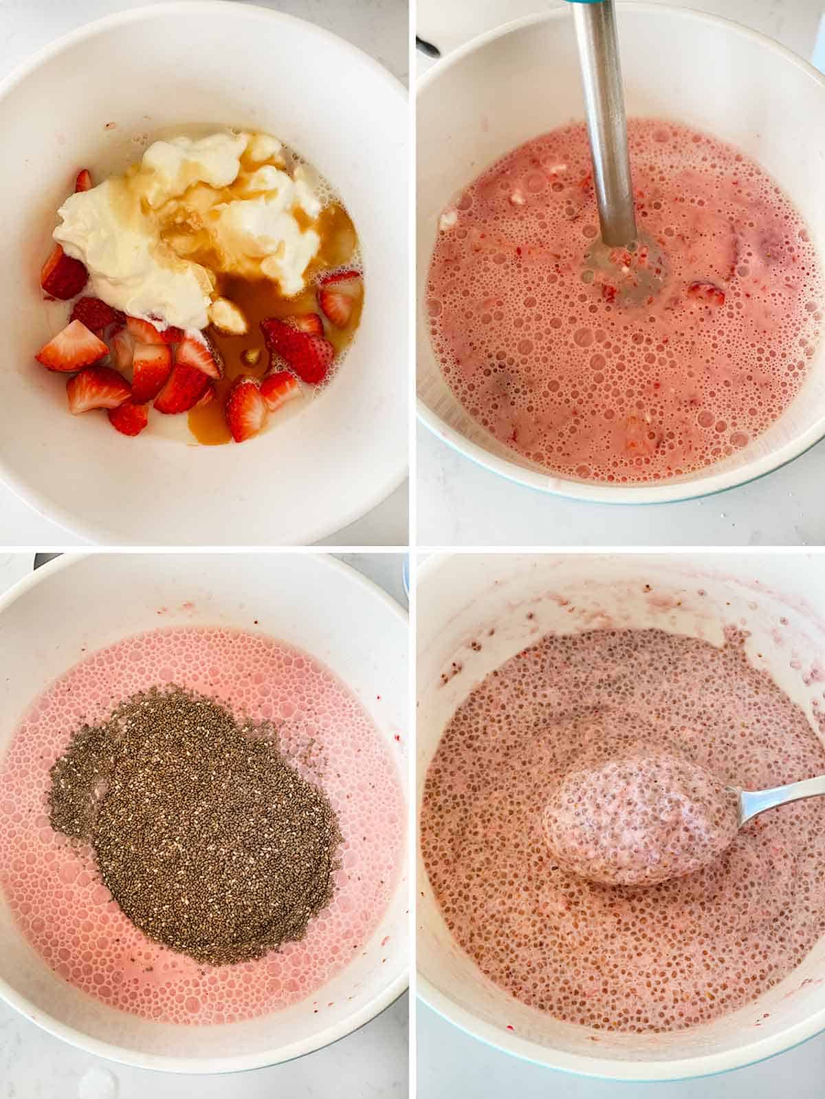 Suche czarne nasiona chia rozsypane w białej misce obok blendera