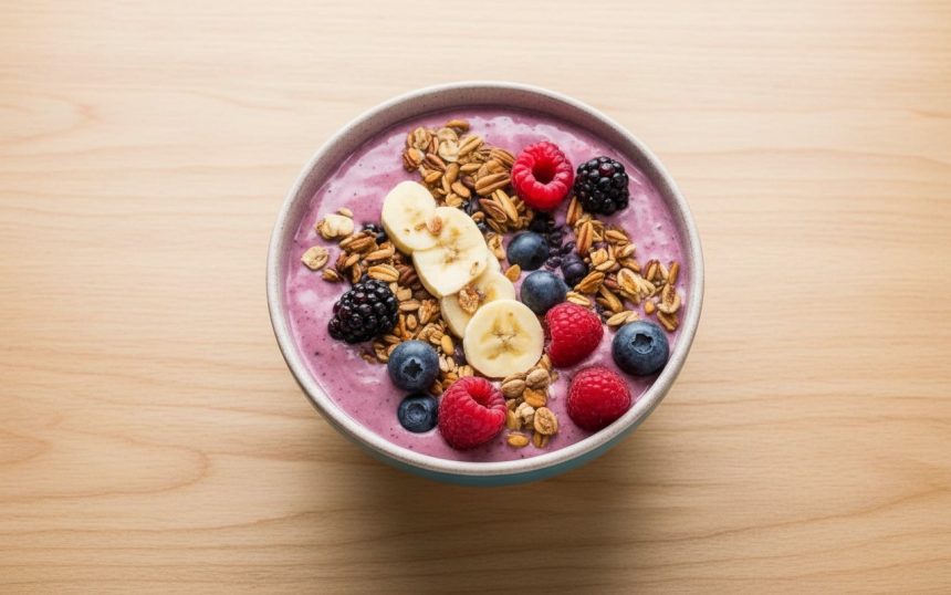 szklanka zielonego smoothie z bananami jagodami i erytrytolem obok blendera